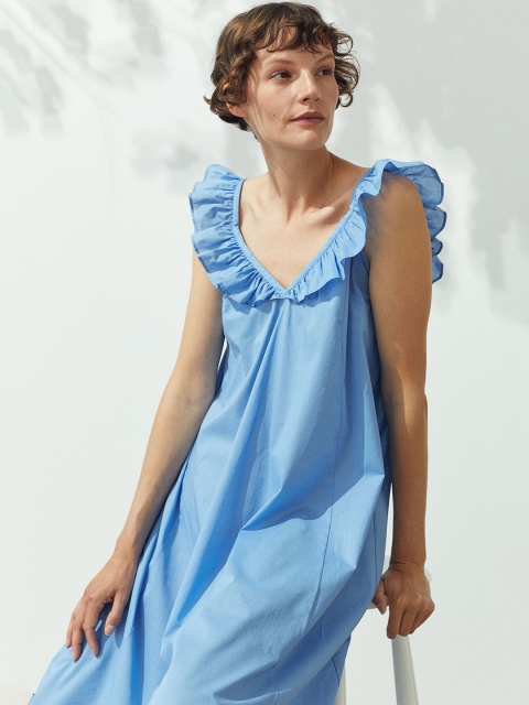 

H&M Blue Solid Flounce-Detail Cotton Dress