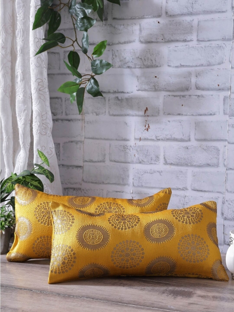 

Rangdesi Set of 2 Yellow & Gold-Coloured Brocade Cushion Cover with Inserts