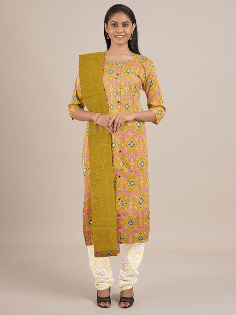 

Pothys Yellow & Pink Printed Unstitched Dress Material