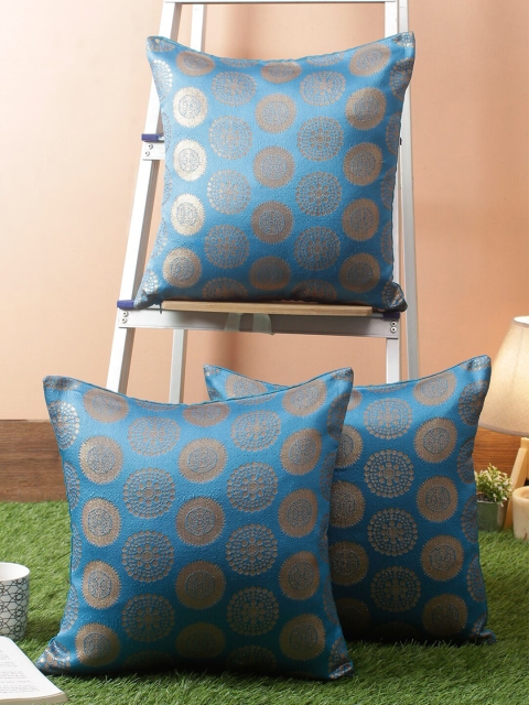 

RANGDESI Blue Set of 3 Ethnic Motifs Square Cushion Covers