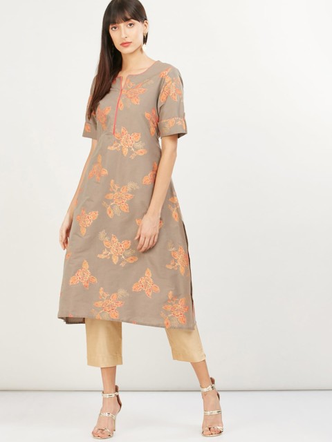 

max Women Brown Floral Printed Keyhole Neck Kurta
