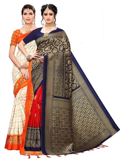 

KALINI Pack of 2 Orange & Navy Blue Ethnic Motifs Art Silk Saree