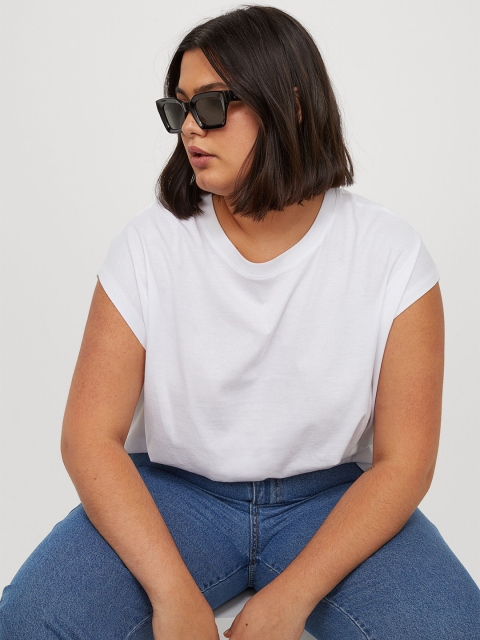 

H&M+ Women White Solid Sleeveless Cotton T-Shirt