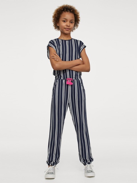 

H&M Girls Navy Blue & White Striped Jersey jumpsuit