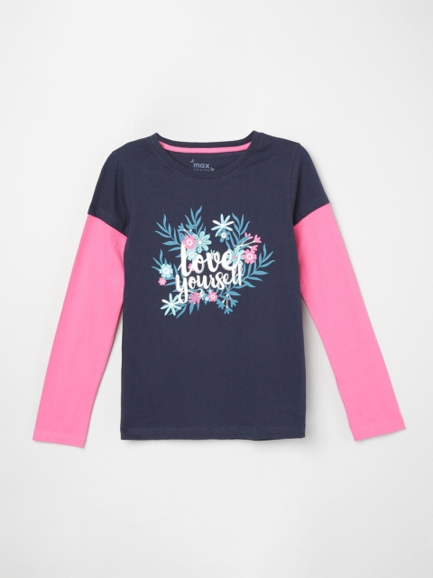

max Girls Navy Blue Typography Printed Doctor Sleeves T-shirt
