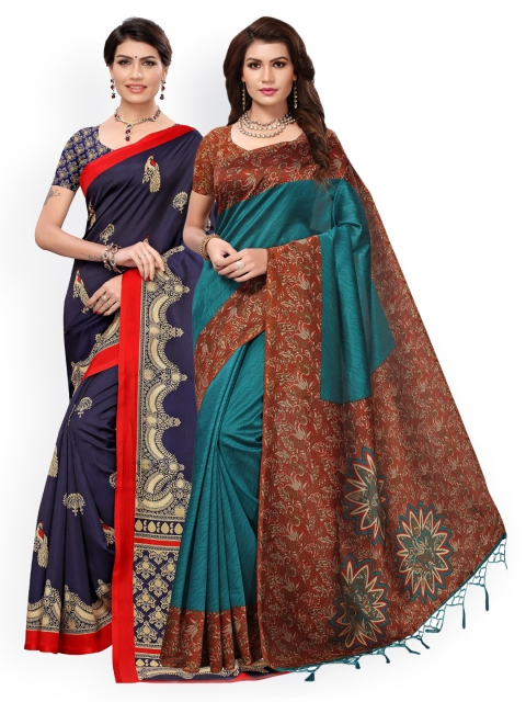 

KALINI Pack Of 2 Green & Navy Blue Ethnic Motifs Art Silk Saree