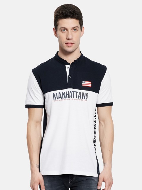 

Octave Men Navy Blue & White Colourblocked Mandarin Collar Applique T-shirt
