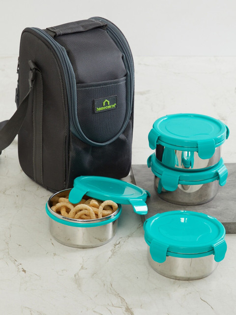 

Home Centre Set Of 4 Blue & Silver-Toned Colourblocked Lunch Box with Lunch Bag