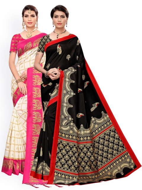

KALINI Pack Of 2 Cream & Black Ethnic Motifs Zari Art Silk Sarees