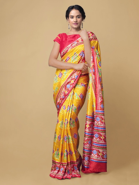 

Unnati Silks Yellow & Red Patola Block Print Poly Crepe Handloom Saree