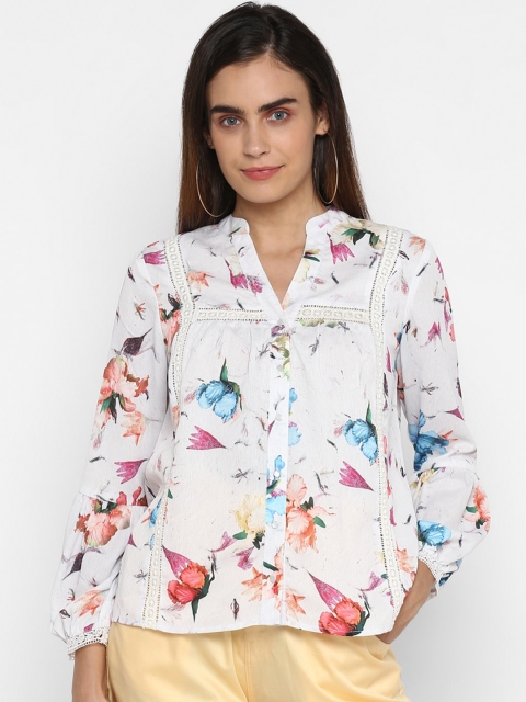 

FOSH White & Blue Floral Mandarin Collar Puff Sleeve A-Line Top