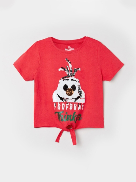 

max Girls Red Printed T-shirt with Waist Tie-Ups