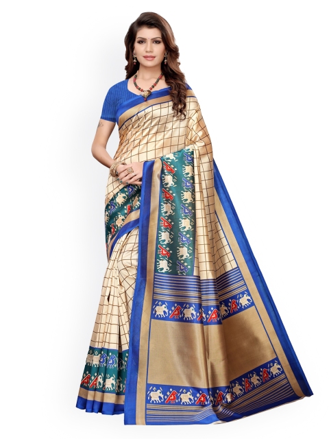 

KALINI Beige & Blue Checked Poly Silk Saree