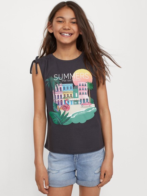 

H&M Girls Grey & Pink Printed Jersey Top