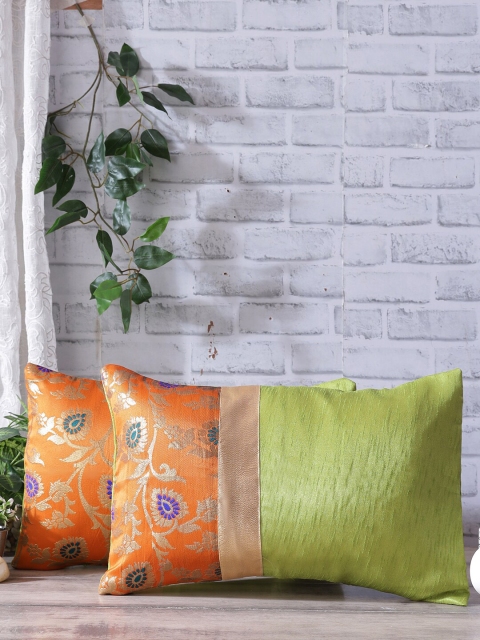 

Rangdesi Set of 2 Green & Orange Brocade Floral Jaal Cushion Cover with Inserts