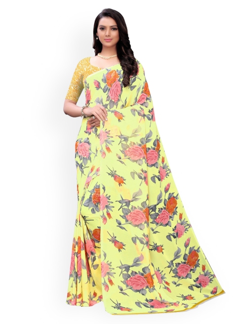

KALINI Yellow & Peach Floral Pure Georgette Saree