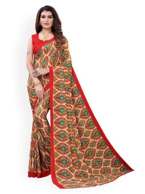 

KALINI Beige & Red Ethnic Motifs Pure Georgette Saree