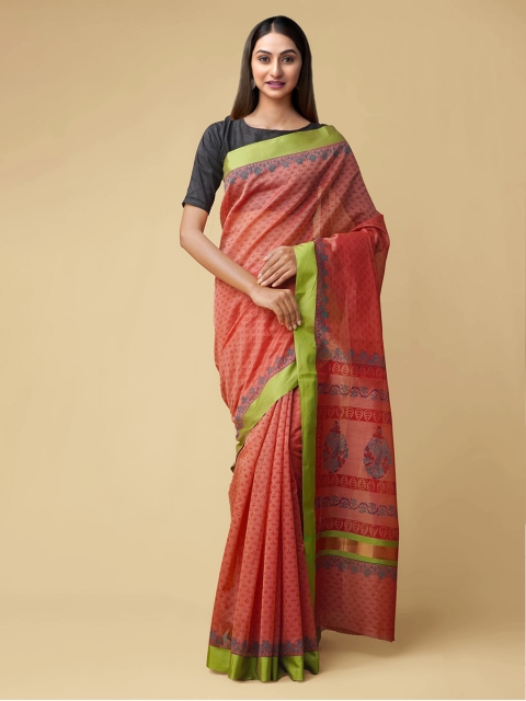 Unnati Silks Red & Green Ethnic Motifs Silk Cotton Chanderi Saree