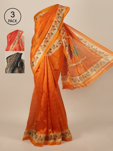 

Pothys Pack Of 3 Jute Silk Saree, Orange