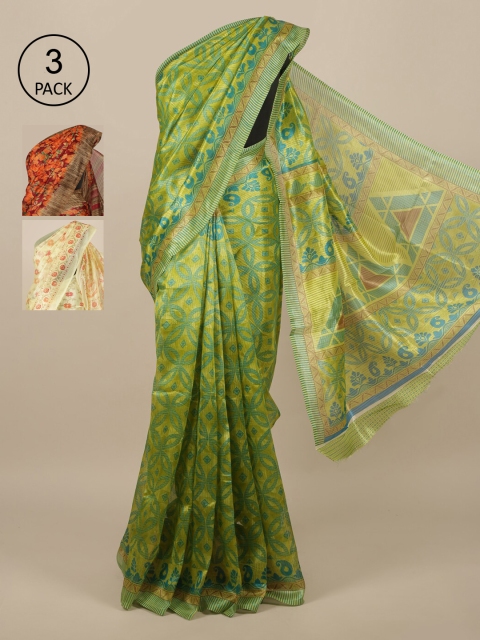 

Pothys Pack of 3 Ethnic Motifs Jute Silk Saree, Green