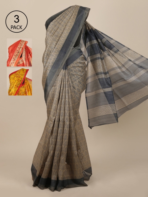 

Pothys Pack of 3 Floral Jute Silk Saree, Tan