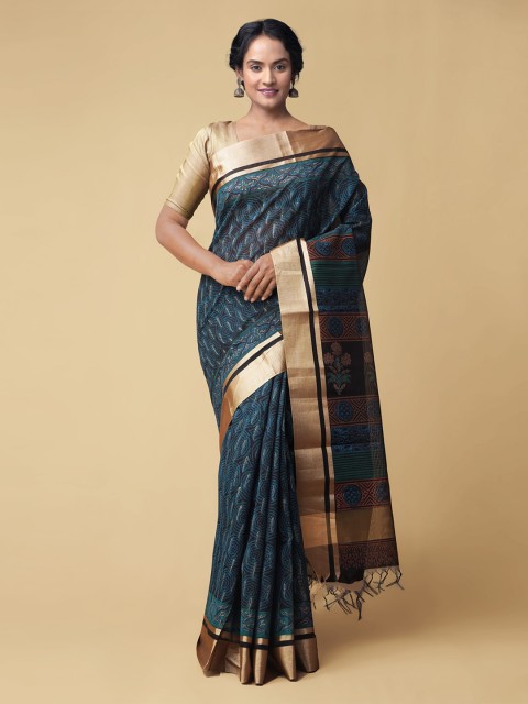 

Unnati Silks Black & Blue Zari Silk Cotton Chanderi Handloom Saree