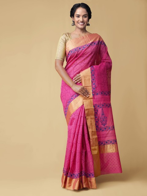 

Unnati Silks Pink Zari Silk Cotton Chanderi Handloom Saree
