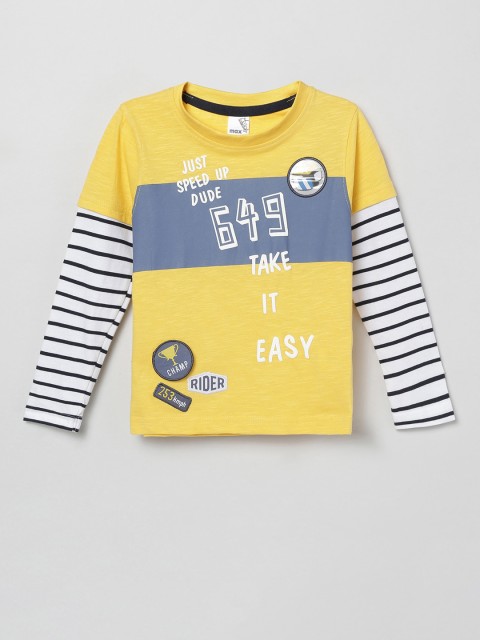 

max Boys Yellow Typography NA Printed Applique T-shirt NA