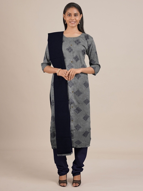 

Pothys Grey & Navy Blue Printed Unstitched Dress Material