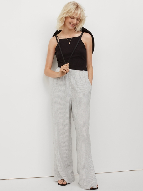 

H&M Women Grey & White Striped Linen-Blend Trousers