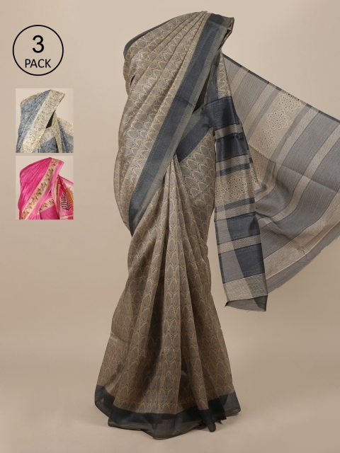 

Pothys Pack Of 3 Floral Zari Jute Silk Sarees, Cream