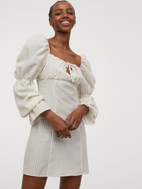 

H&M Beige Striped Short Puff-Sleeved Dress