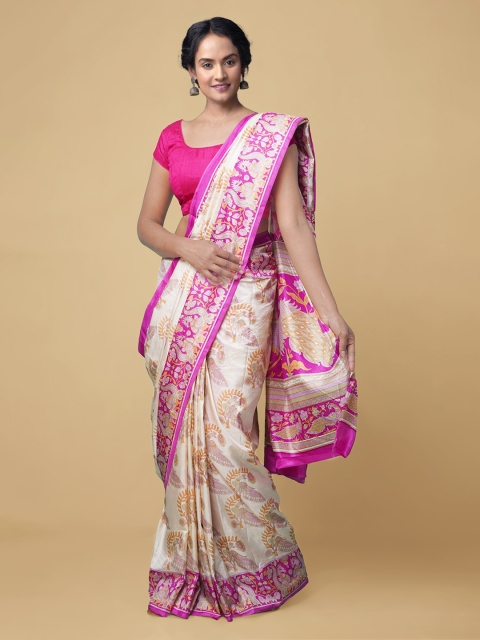 

Unnati Silks Cream & Purple Ethnic Motifs Zari Block Print Handloom Saree