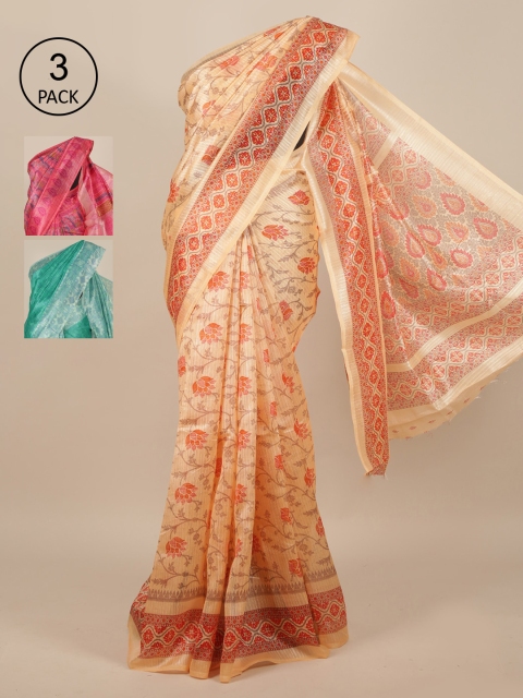 

Pothys Pack Of 3 Peach & Green Floral Jute Silk Sarees