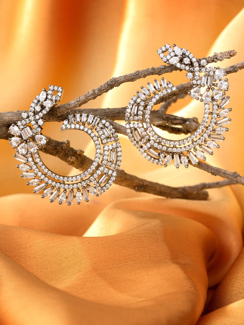 

Saraf RS Jewellery White & Silver-Plated AD Crescent Shaped Drop Earrings