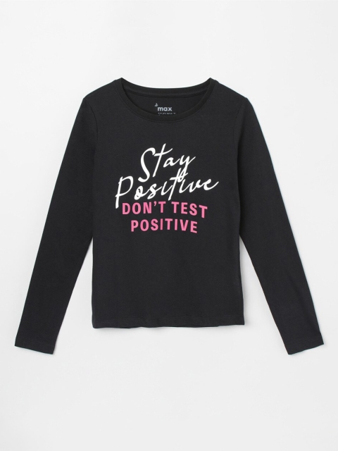 

max Girls Black Typography Printed T-shirt