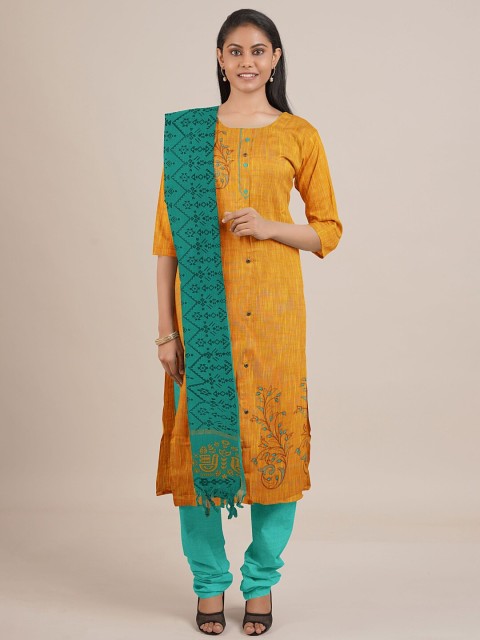 

Pothys Mustard & Sea Green Embroidered Unstitched Dress Material