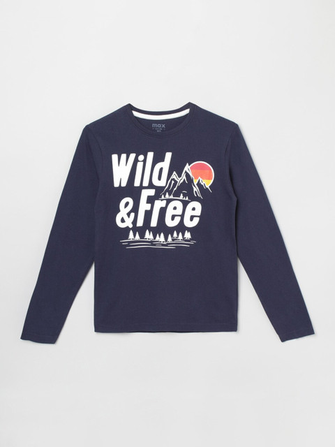 

max Boys Navy Blue Typography Printed T-shirt