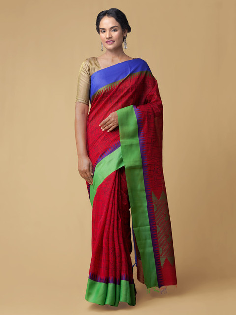 

Unnati Silks Red Floral Silk Cotton Chanderi Saree