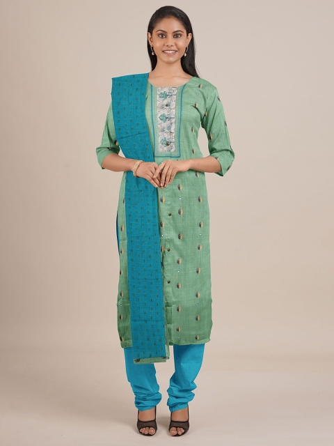 

Pothys Green & Blue Printed Unstitched Dress Material
