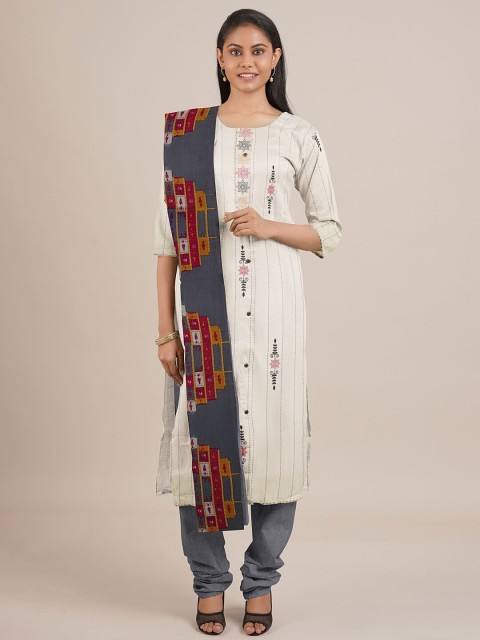 

Pothys Cream & Grey Printed Unstitched Dress Material