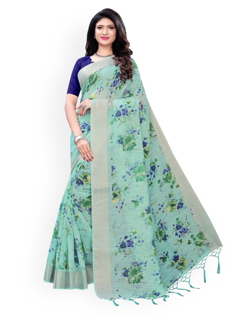 

KALINI Turquoise Blue Floral Printed Cotton Blend Saree