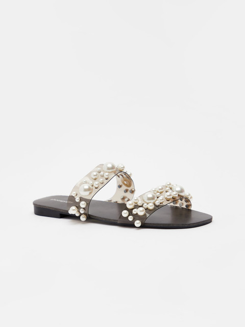 

shoexpress Women Black & Transparent Pearl Embellished Open Toe Flats