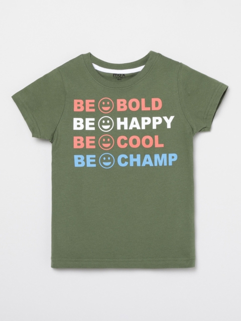 

max Boys Olive Green & Orange Typography Printed T-shirt