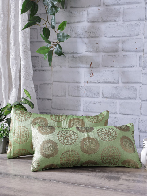

Rangdesi Set of 2 Olive-Green & Gold-Coloured Brocade Cushion Cover with Inserts