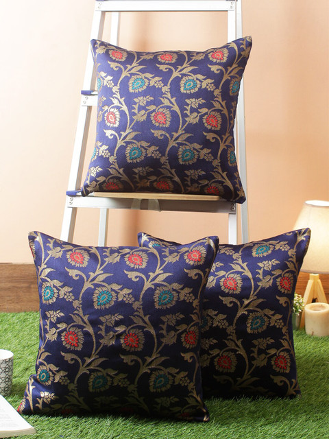 

RANGDESI Blue & Gold-Toned Set of 3 Ethnic Motifs Square Brocade And Silk Cushion Covers