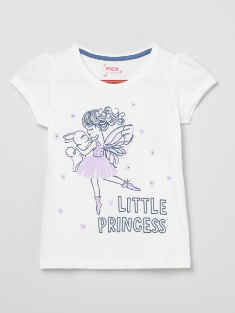 

max Girls White Printed Puff Sleeves T-shirt