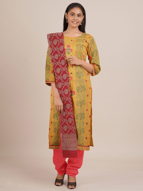 

Pothys Mustard & Pink Embroidered Unstitched Dress Material