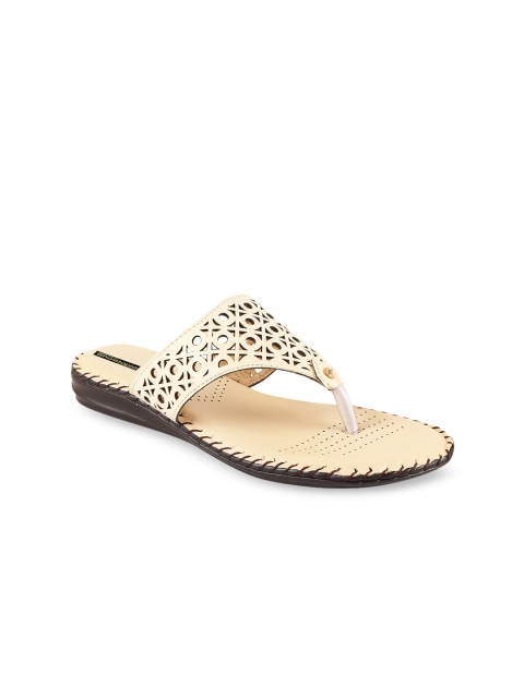 

Shoetopia Women Cream T-Strap Flats with Laser Cuts