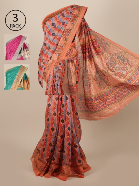

Pothys Pack Of 3 Peach & Green Jute Silk Sarees